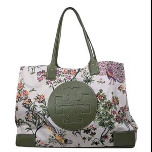 Tory Burch - Ivory, Green, & Pink Floral Peacock Print Tote Bag